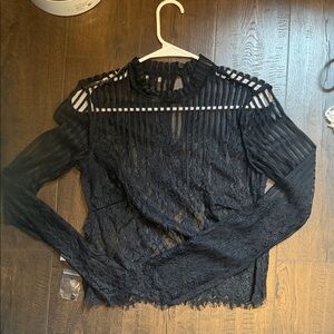 Lulu's Black Lace & Sheer Stripe Long Sleeve Top